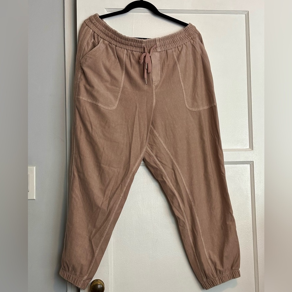 Athleta Tan Track Pants with Elastic Waistband and Tapered Legs